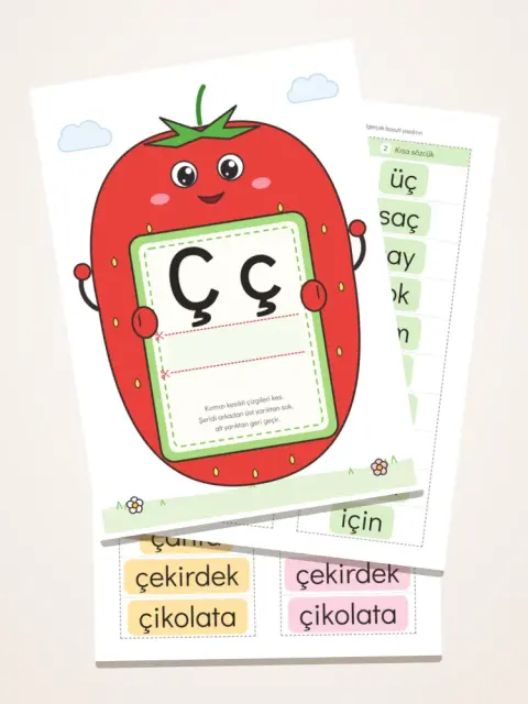 Ç, B, G, C ve Ş sesleri için hece kaydırma karakter sayfaları ve okuma şeritleri